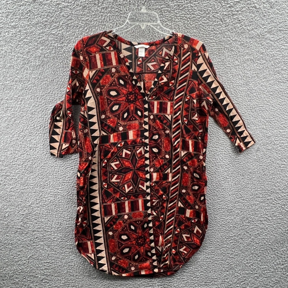 Womens Southwest Tunic Top L Geometric Patchwork Aztec Button Front Boho Relaxed